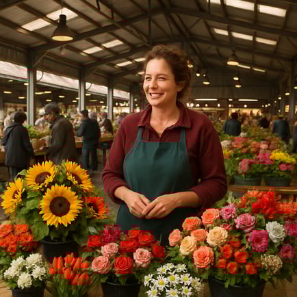 a florist selling flowers at our market inside our huge shed