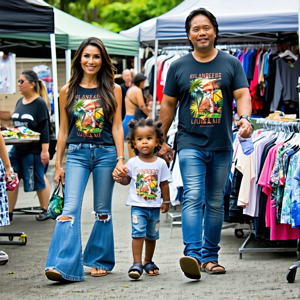 south pacific islander man and lady and kids in jeans and islander tshirts shopping at markets-1