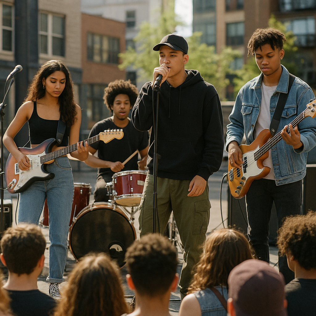 show me a band of urban youth playing on a stage in the daylight with the crowd in the front