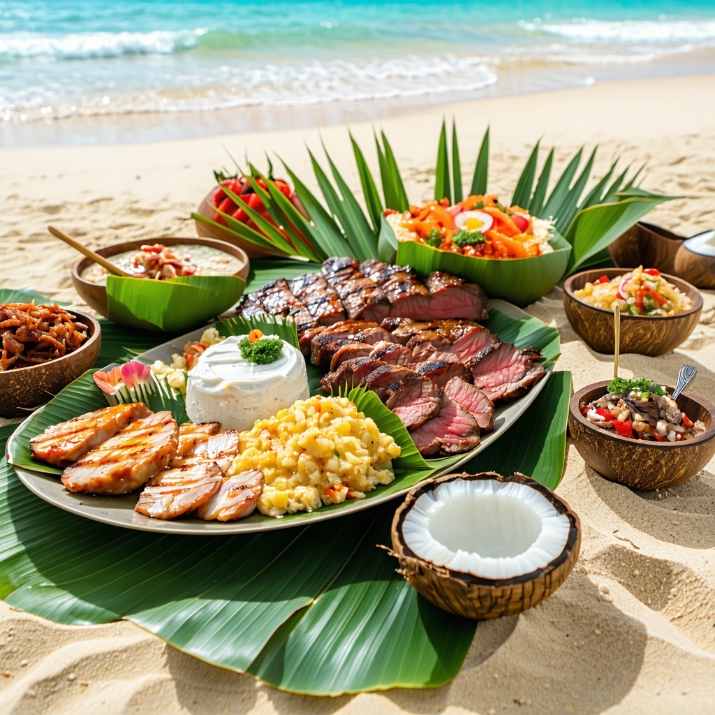 south pacific fweast on a table on the the sand inlcyding taro leaves with coconut cream island bbq meats tropical relishes etc-1